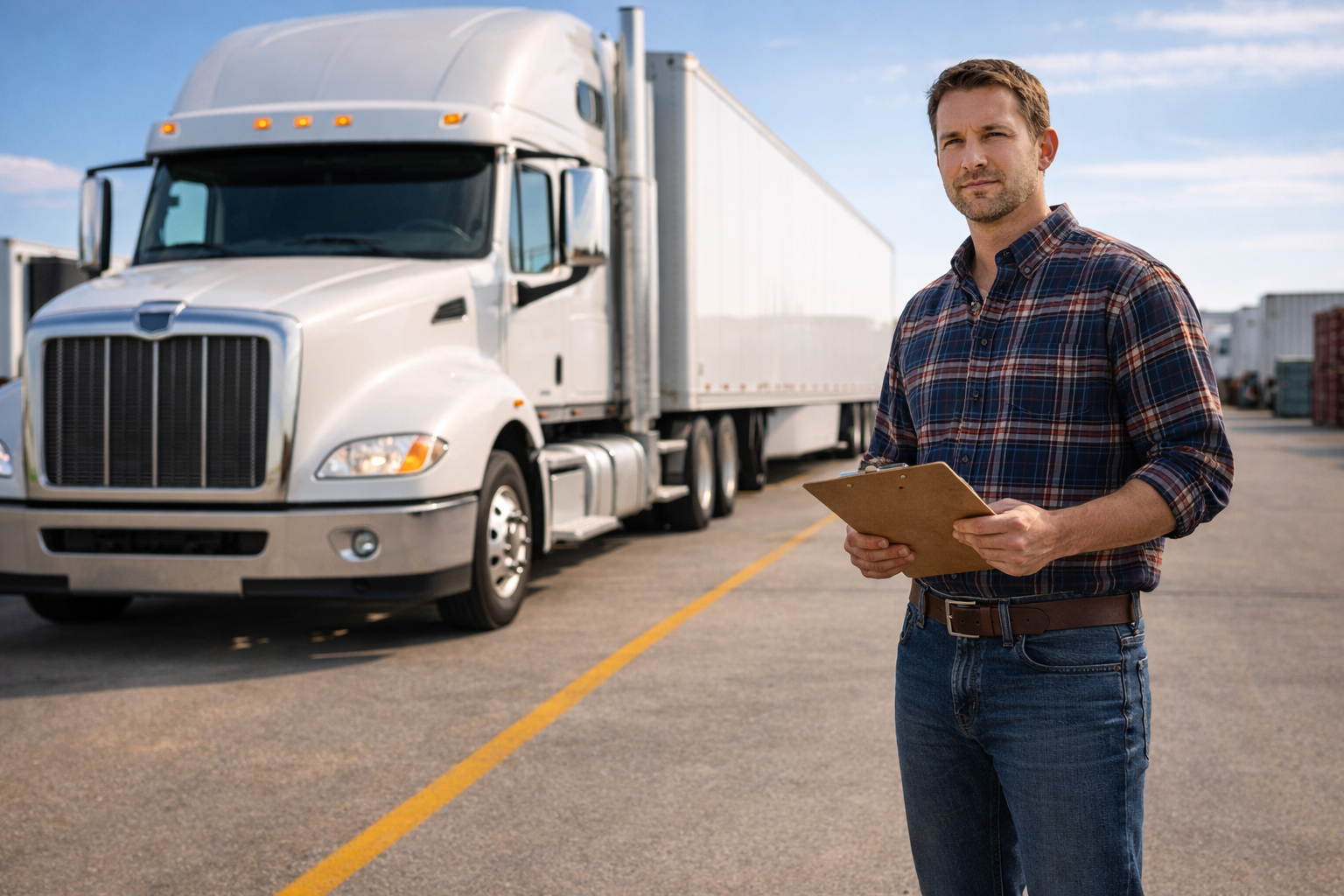Career changer standing confidently next to a semi-truck at a freight yard — truck driving careers for career changers without prior experience