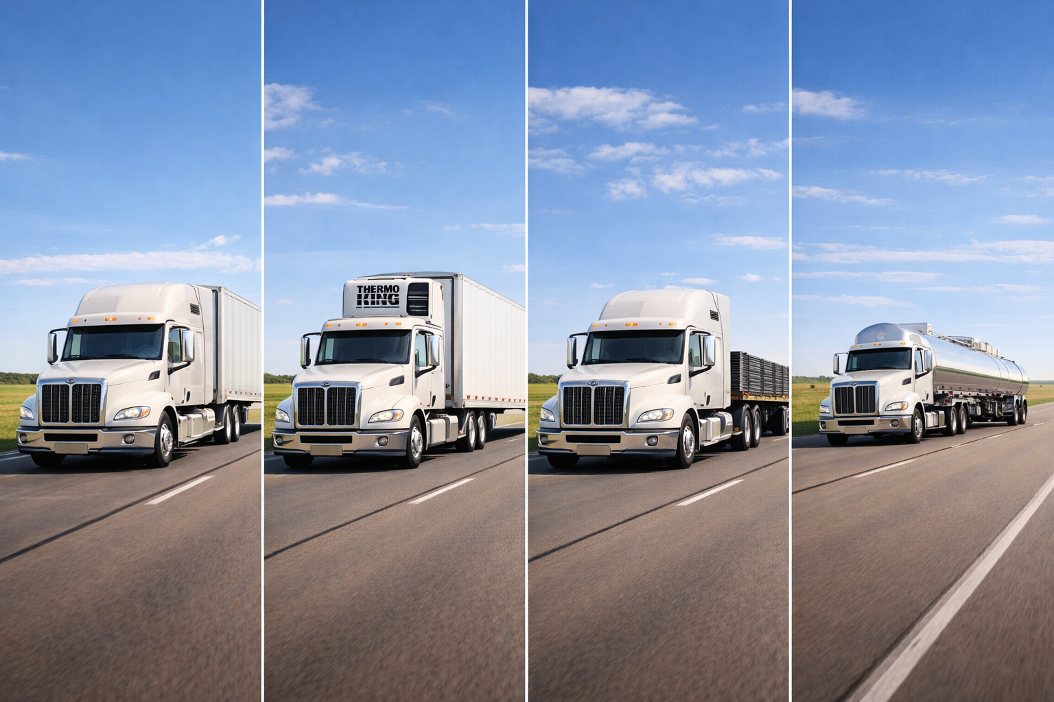 Four different freight truck types on a highway — how freight type affects driver pay, schedule, and daily lifestyle in trucking