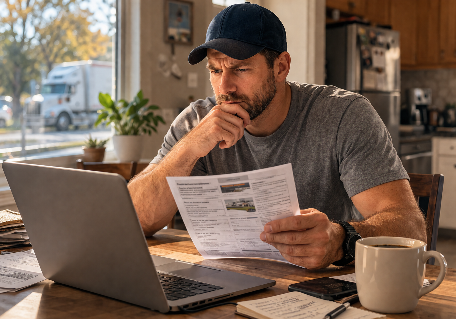 ommon red flags in truck driver job listings — experienced driver carefully reviewing a suspicious job posting at home