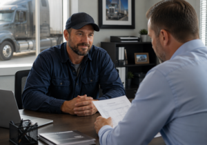Truck driver reviewing pay offer with recruiter in office — how to negotiate pay as a truck driver