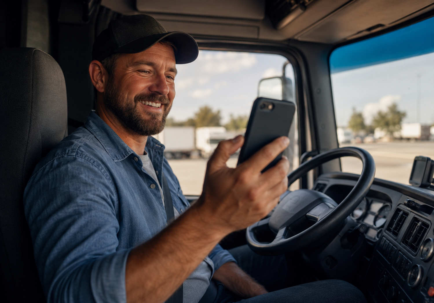 Truck driver with family on video call inside semi-truck cab — truck driving jobs for drivers with families